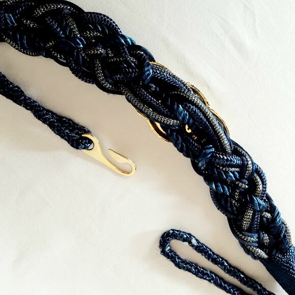 Corded Tapestry Belt Navy Blue Gold Tone 28 Waist Non Adjustable Hook Closure - Picture 8 of 12